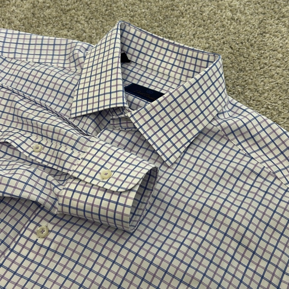 David Donahue Dress Shirt 16.5 32/33 White Blue Purple Check‎ Cotton Button Down